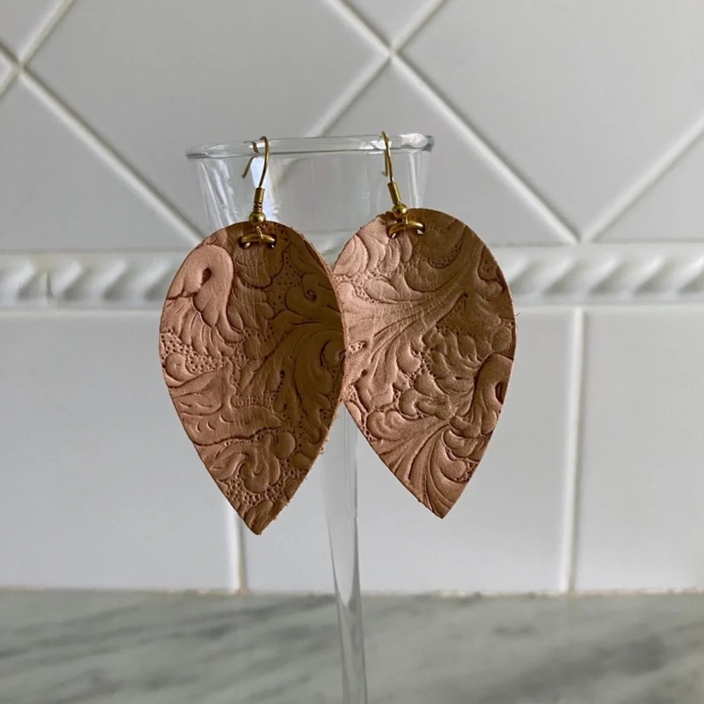 Rose Pink Nude Blush Leather Feather Earrings